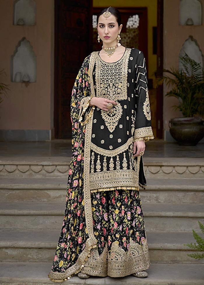 3 Pc Black Semi Stitched Silk Suit Set