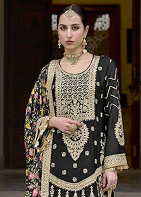 3 Pc Black Semi Stitched Silk Suit Set