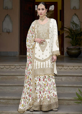 3 Pc White Semi Stitched Silk Suit Set