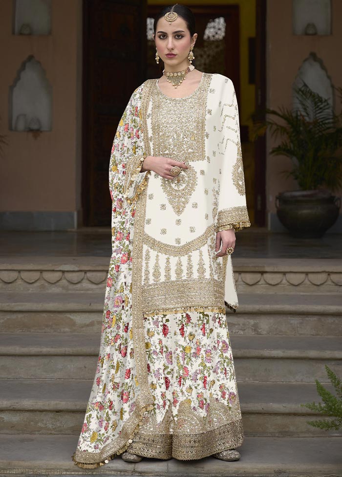 3 Pc White Semi Stitched Silk Suit Set