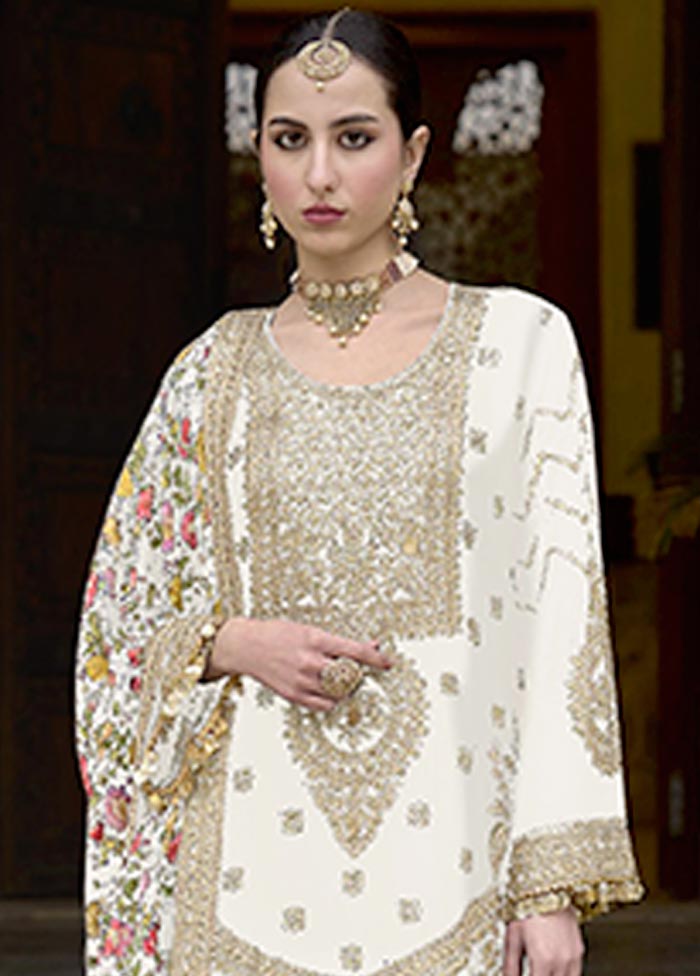 3 Pc White Semi Stitched Silk Suit Set