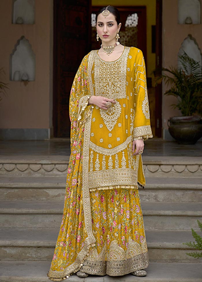 3 Pc Yellow Semi Stitched Silk Suit Set