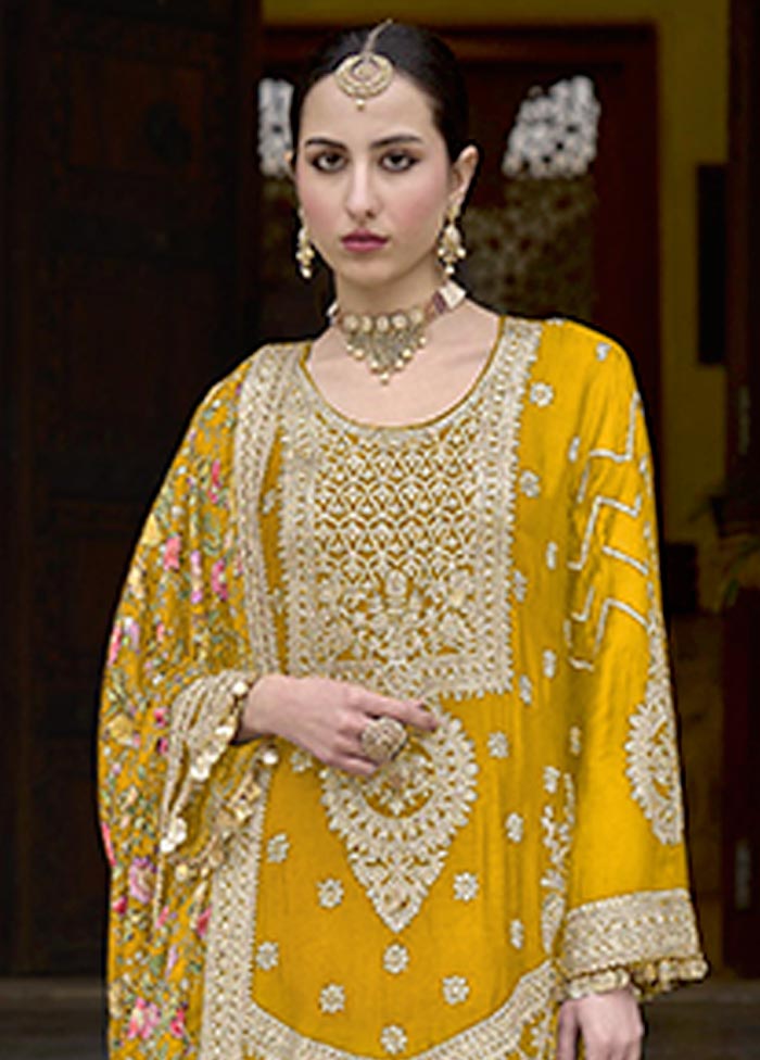 3 Pc Yellow Semi Stitched Silk Suit Set