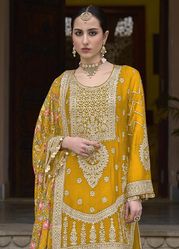 3 Pc Yellow Semi Stitched Silk Suit Set