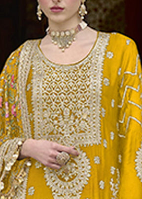 3 Pc Yellow Semi Stitched Silk Suit Set