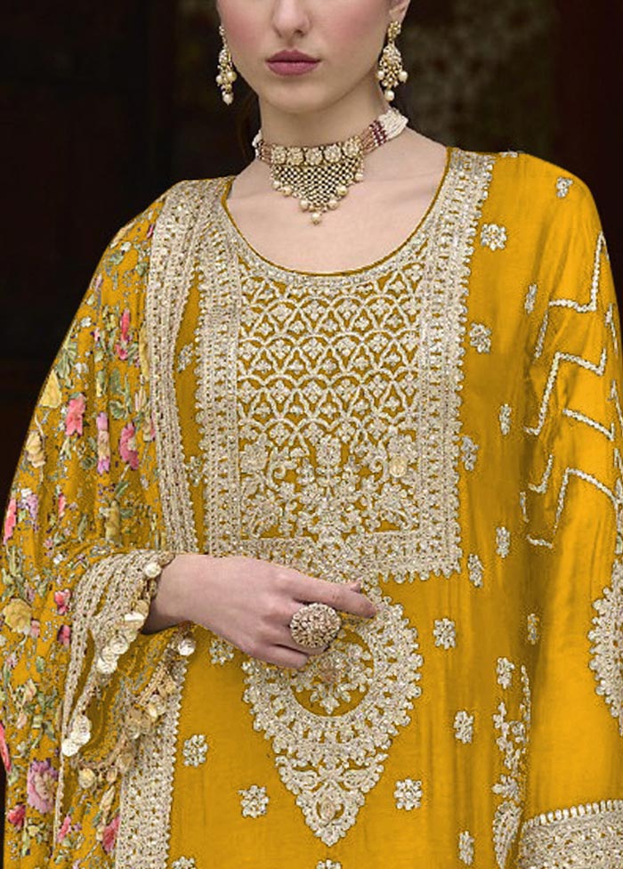 3 Pc Yellow Semi Stitched Silk Suit Set