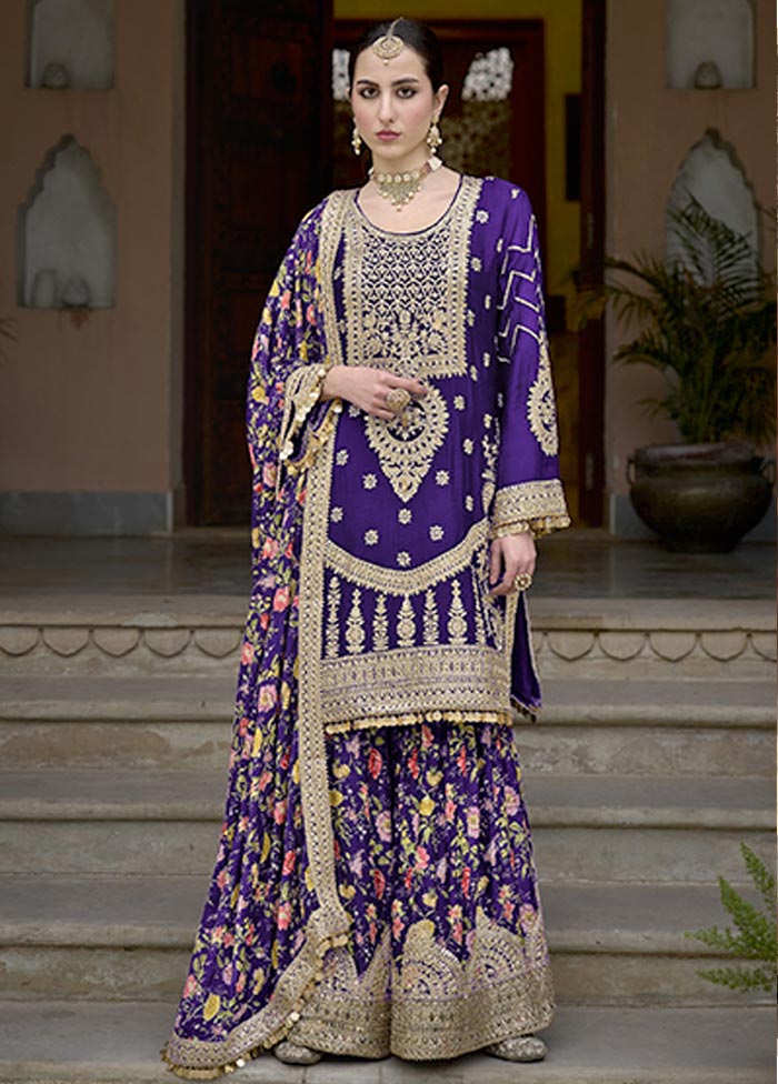 3 Pc Purple Semi Stitched Silk Suit Set