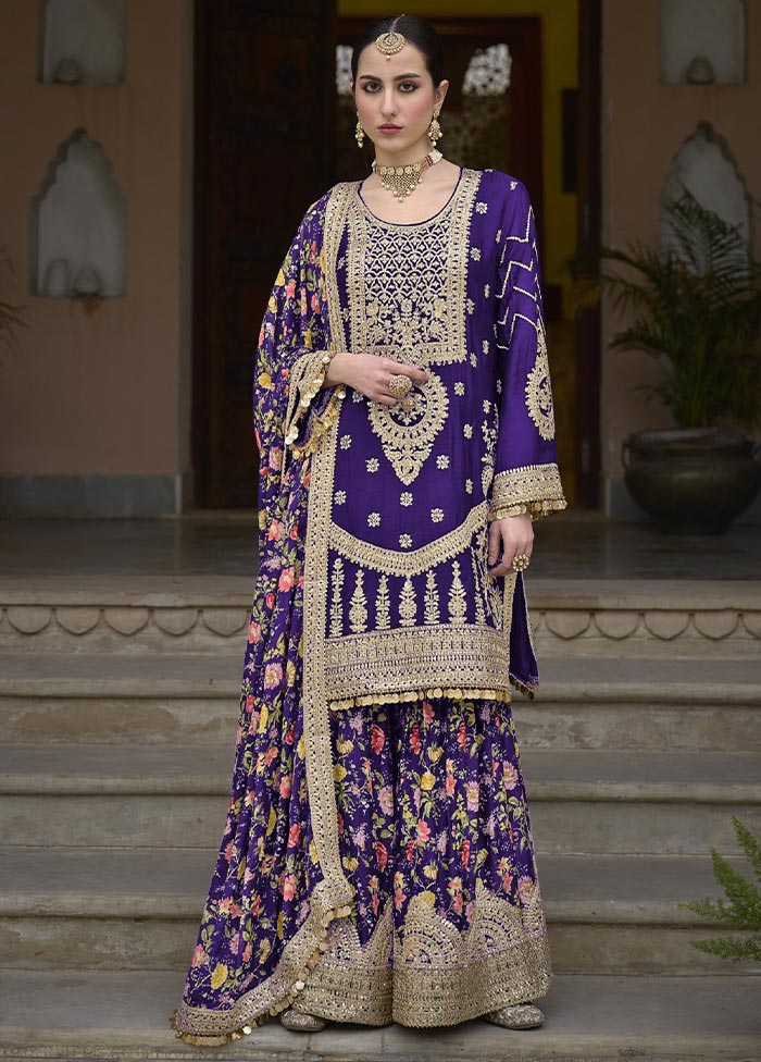 3 Pc Purple Semi Stitched Silk Suit Set