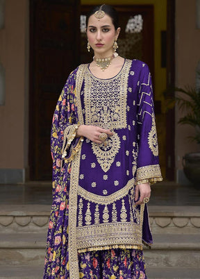 3 Pc Purple Semi Stitched Silk Suit Set