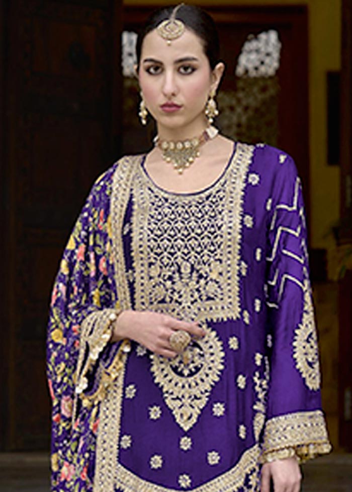 3 Pc Purple Semi Stitched Silk Suit Set