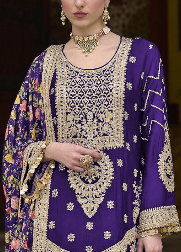 3 Pc Purple Semi Stitched Silk Suit Set