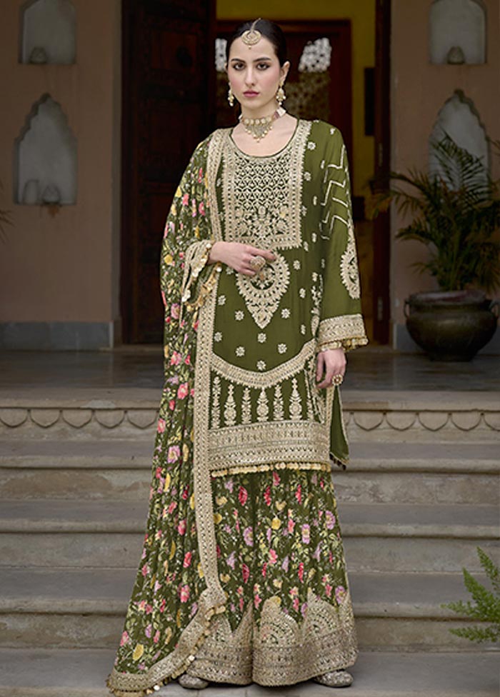 3 Pc Olive Green Semi Stitched Silk Suit Set