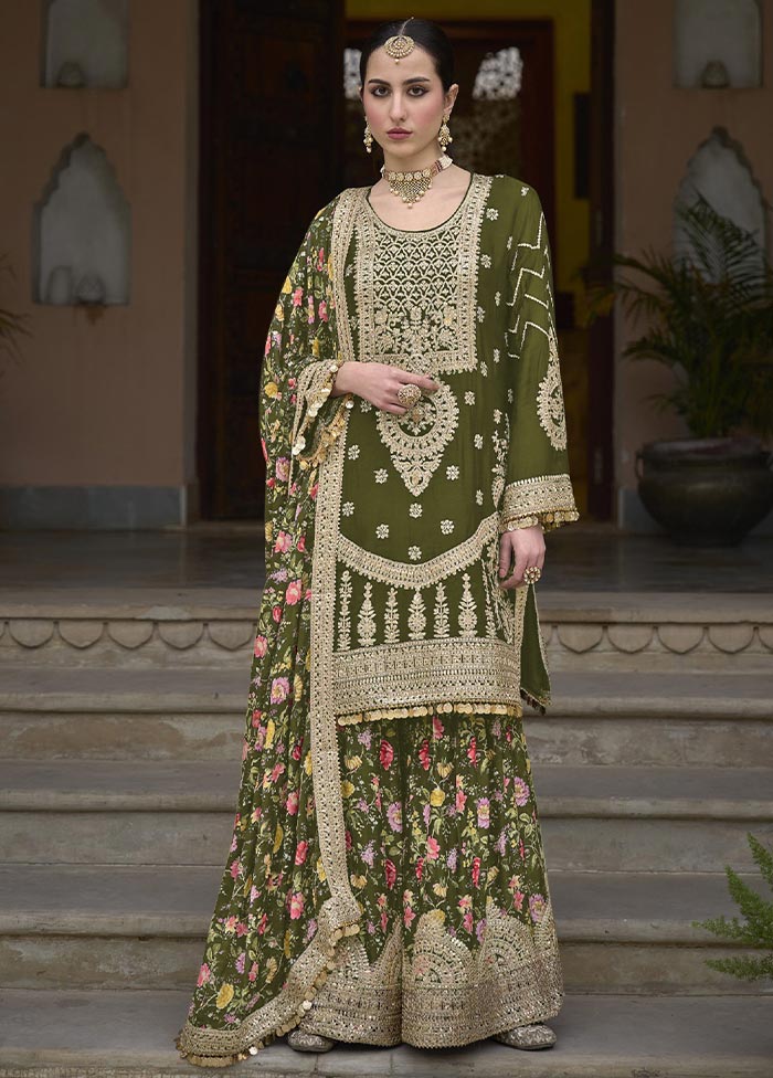 3 Pc Olive Green Semi Stitched Silk Suit Set