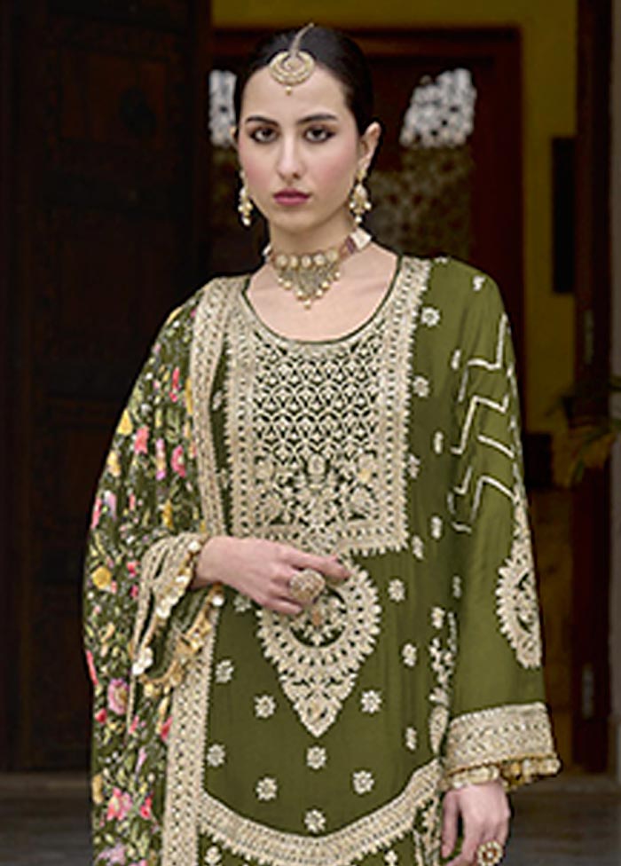 3 Pc Olive Green Semi Stitched Silk Suit Set