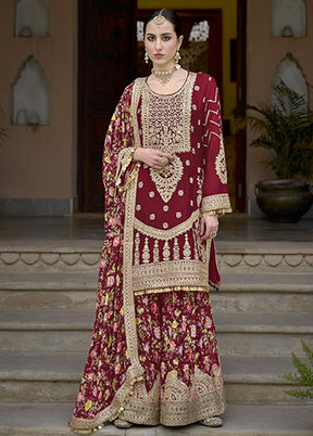 3 Pc Maroon Semi Stitched Silk Suit Set