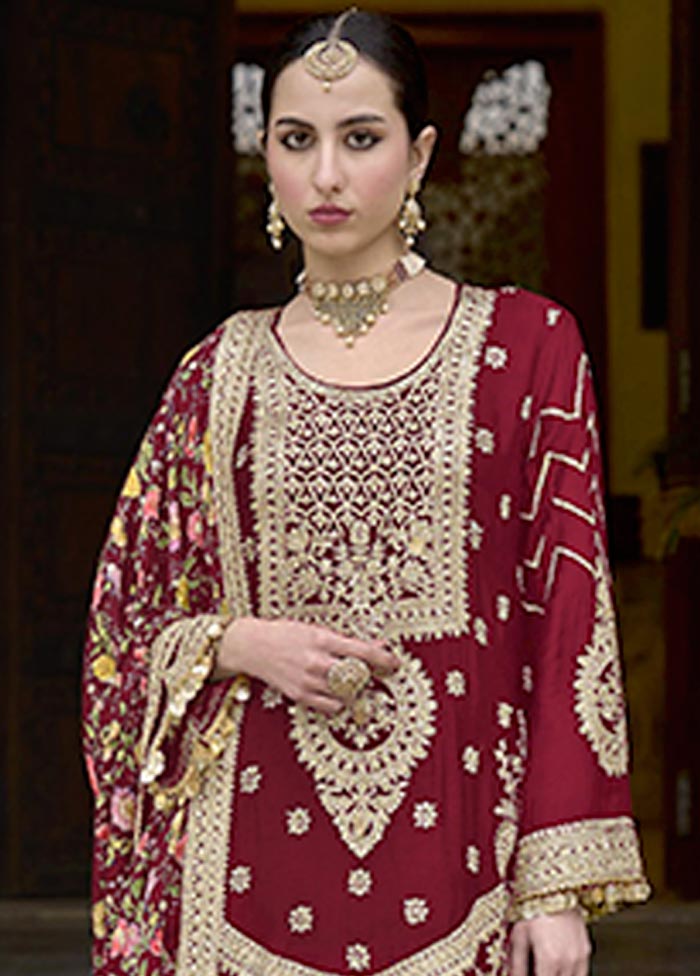 3 Pc Maroon Semi Stitched Silk Suit Set