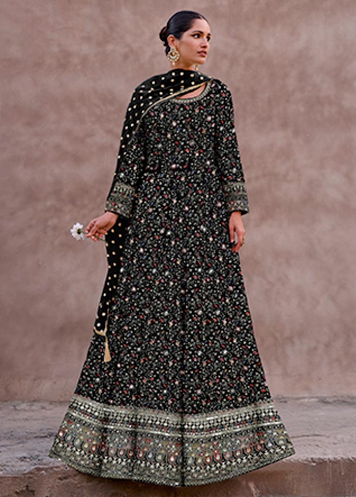 3 Pc Black Semi Stitched Georgette Suit Set