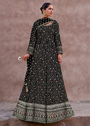 3 Pc Black Semi Stitched Georgette Suit Set