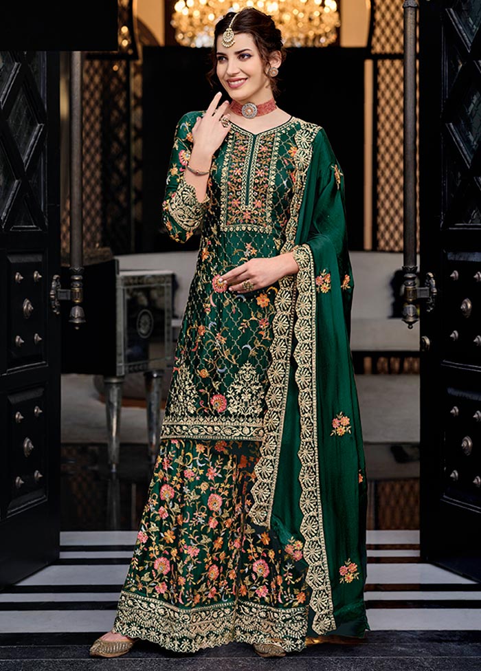 3 Pc Green Semi Stitched Silk Suit Set