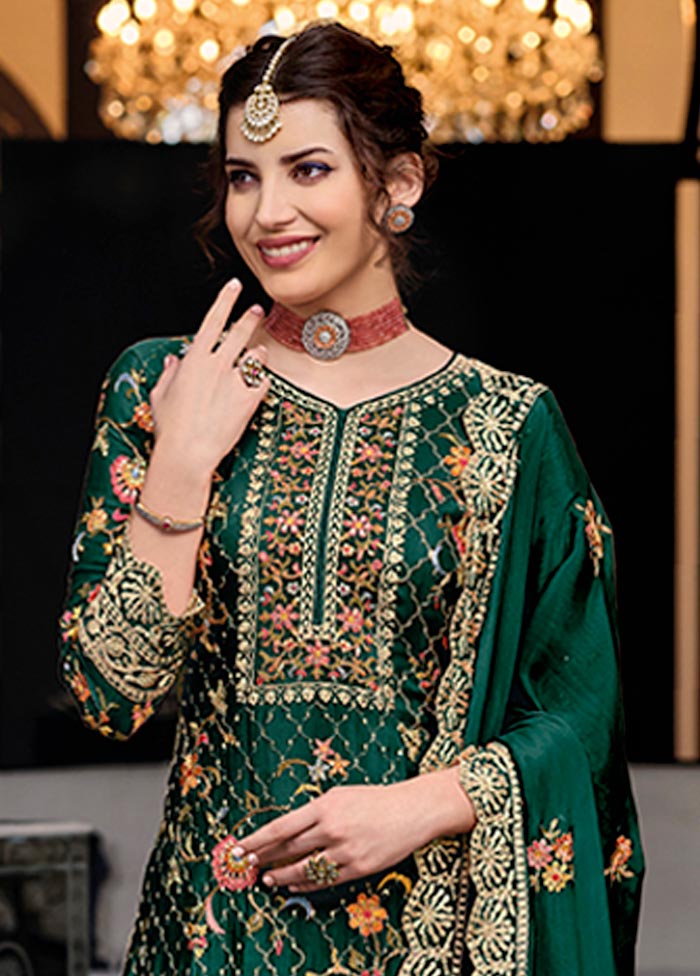 3 Pc Green Semi Stitched Silk Suit Set