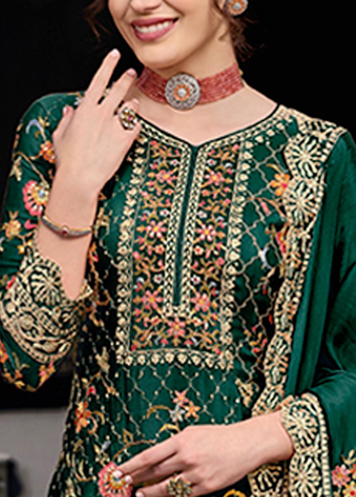 3 Pc Green Semi Stitched Silk Suit Set