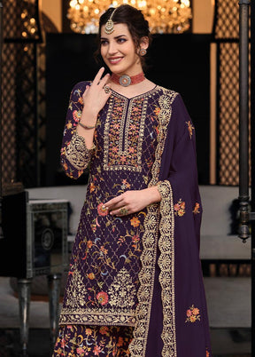 3 Pc Wine Semi Stitched Silk Suit Set