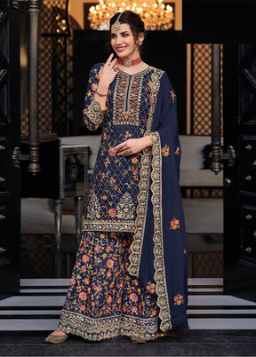 3 Pc Navy Blue Semi Stitched Silk Suit Set