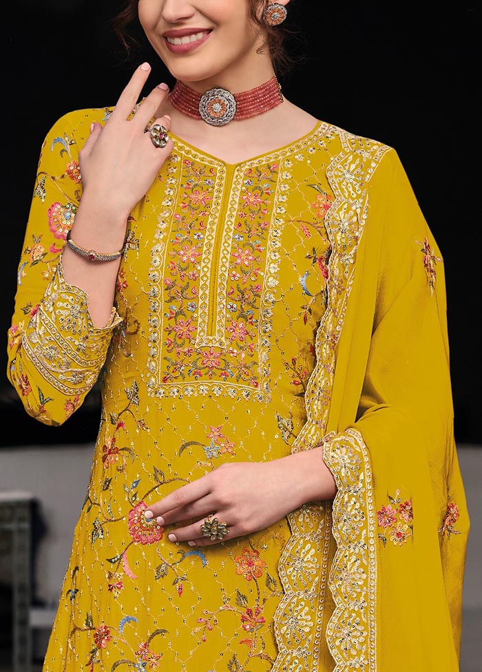 3 Pc Yellow Semi Stitched Silk Suit Set