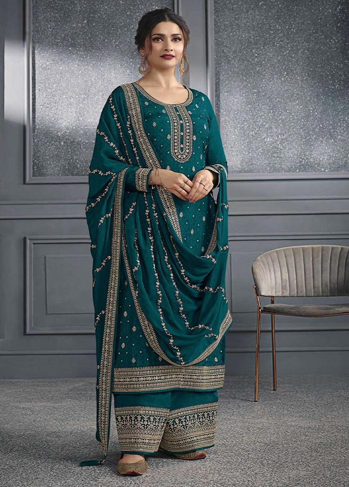 3 Pc Teal Semi Stitched Silk Suit Set