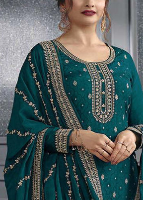 3 Pc Teal Semi Stitched Silk Suit Set