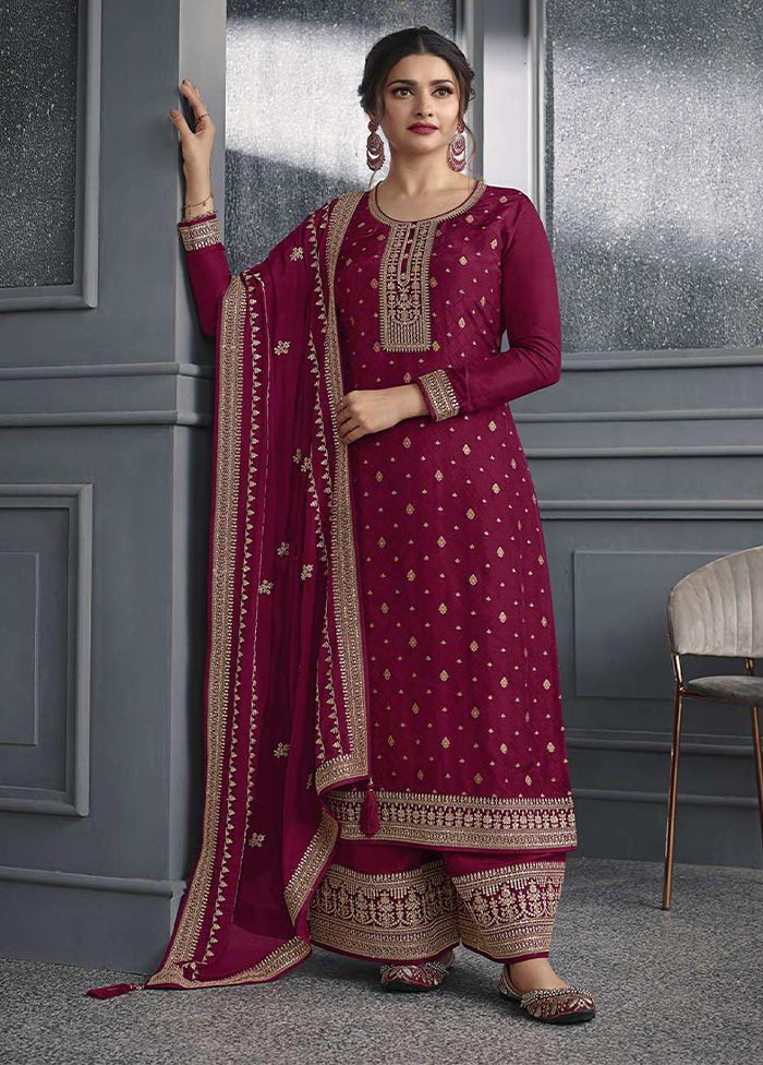 3 Pc Magenta Semi Stitched Silk Suit Set