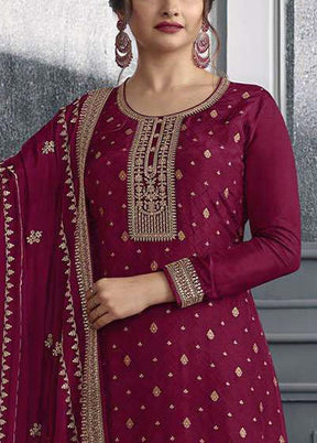 3 Pc Magenta Semi Stitched Silk Suit Set