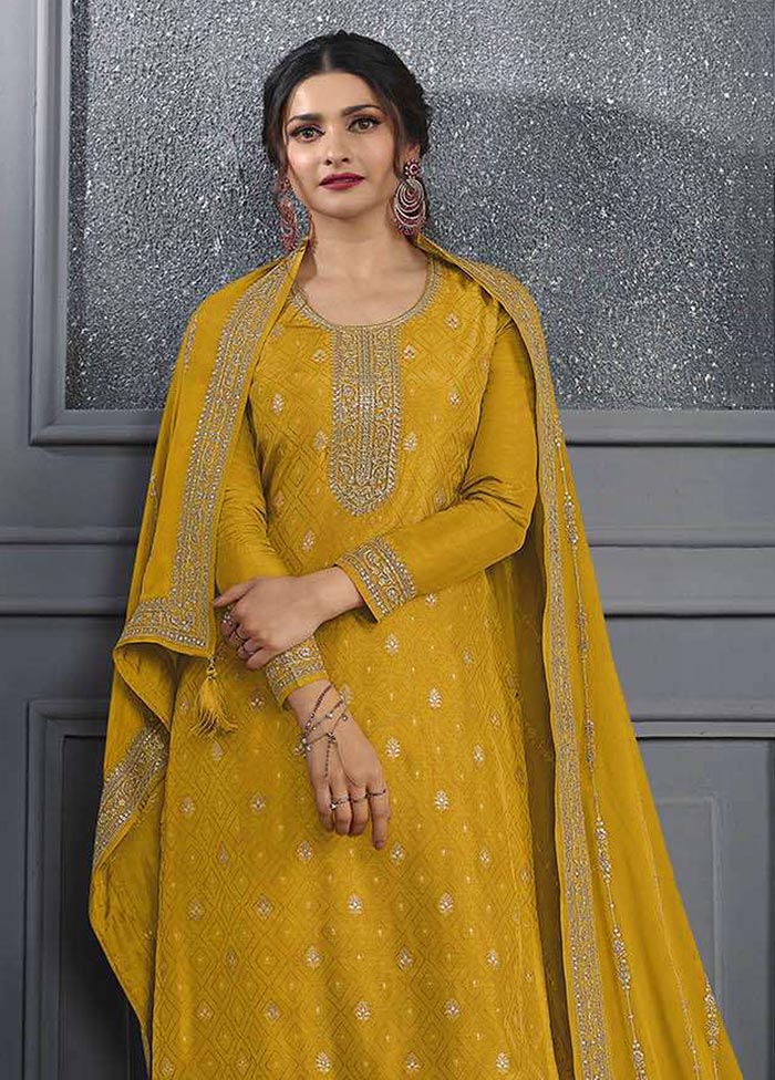 3 Pc Yellow Semi Stitched Silk Suit Set