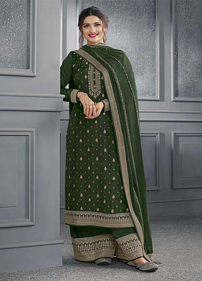 3 Pc Mehendi Green Semi Stitched Silk Suit Set