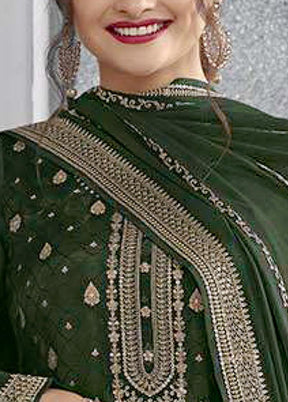 3 Pc Mehendi Green Semi Stitched Silk Suit Set