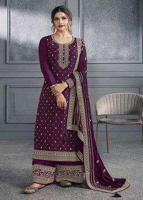 3 Pc Wine Semi Stitched Silk Suit Set