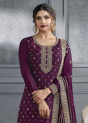 3 Pc Wine Semi Stitched Silk Suit Set