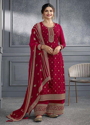 3 Pc Red Semi Stitched Silk Suit Set