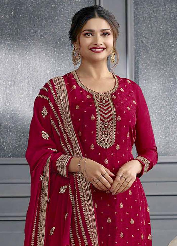 3 Pc Red Semi Stitched Silk Suit Set