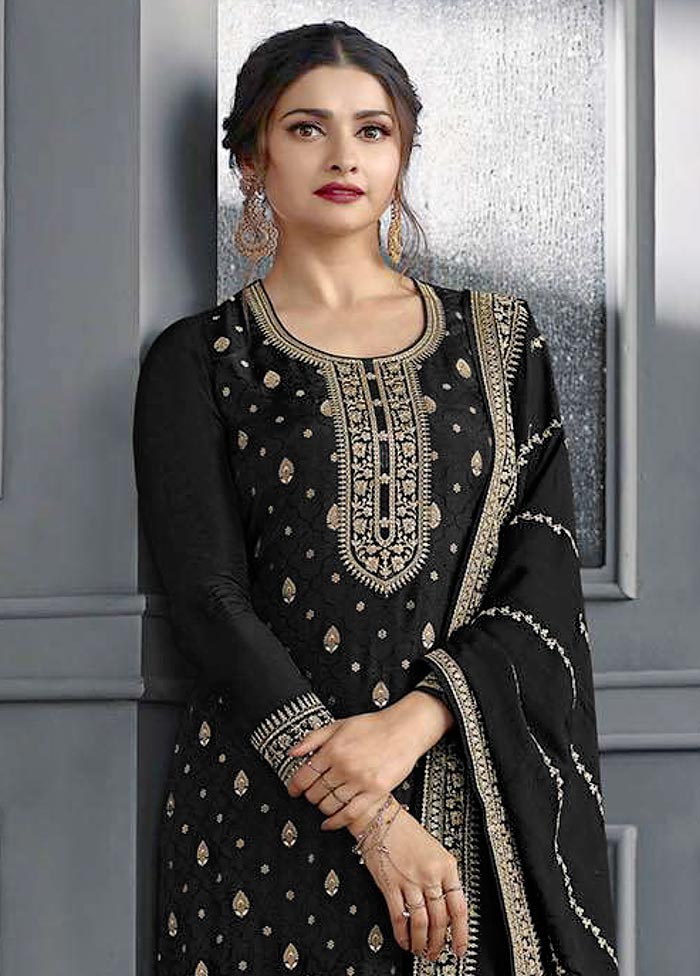 3 Pc Black Semi Stitched Silk Suit Set