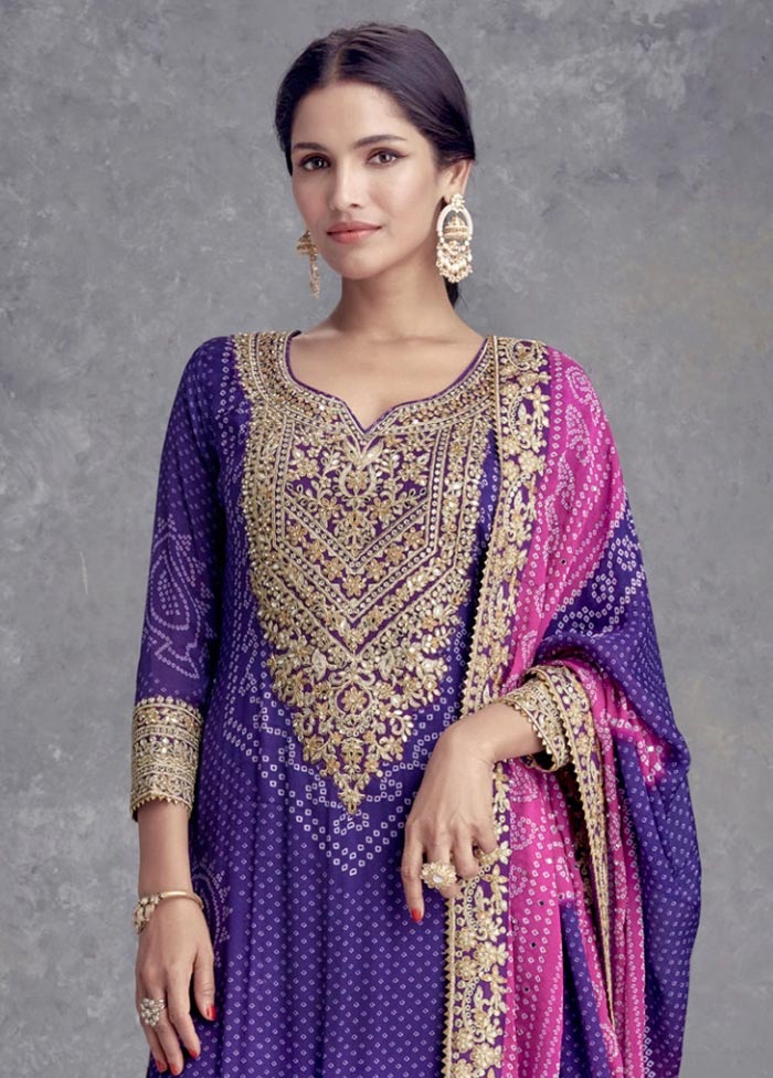 3 Pc Purple Semi Stitched Silk Suit Set