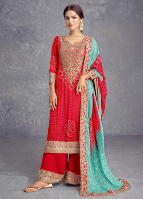 3 Pc Red Semi Stitched Silk Suit Set