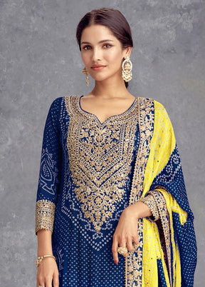 3 Pc Blue Semi Stitched Silk Suit Set