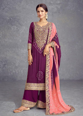 3 Pc Magenta Semi Stitched Silk Suit Set