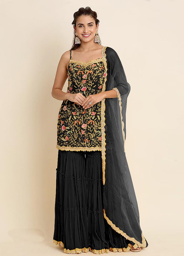 3 Pc Black Semi Stitched Georgette Suit Set