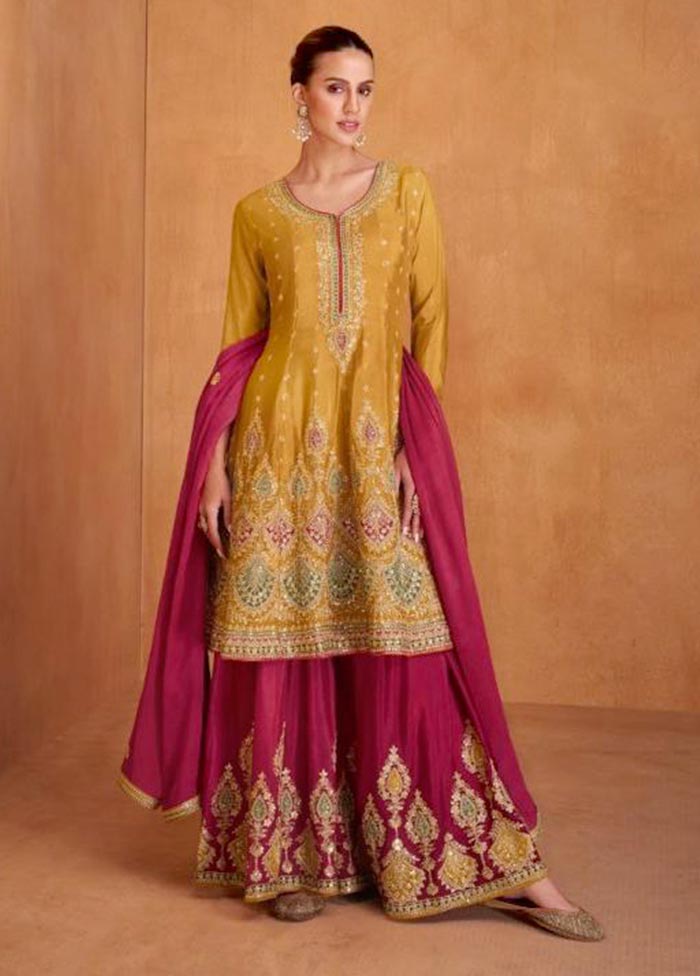 3 Pc Mustard Semi Stitched Silk Suit Set