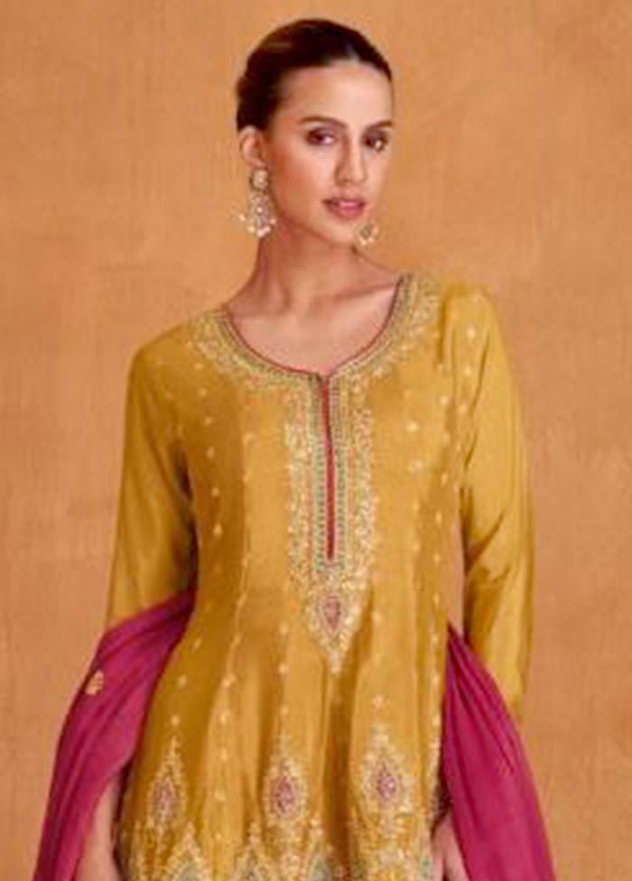 3 Pc Mustard Semi Stitched Silk Suit Set