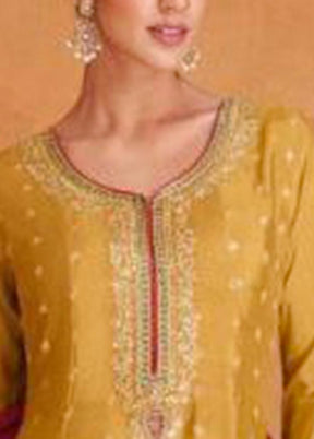 3 Pc Mustard Semi Stitched Silk Suit Set