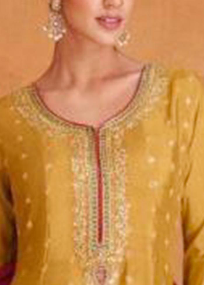 3 Pc Mustard Semi Stitched Silk Suit Set