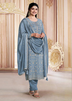 3 Pc Sky Blue Semi Stitched Silk Suit Set